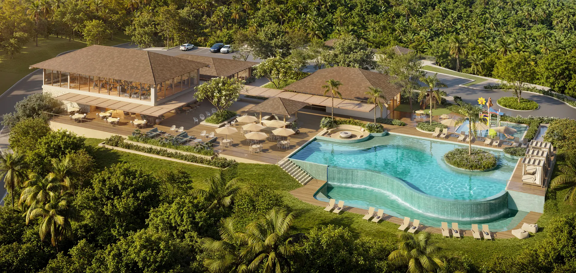 Vista aérea do clube do NUSA Imbassaí, com piscina, deck, restaurante e mata nativa ao redor (imagem ilustrativa)